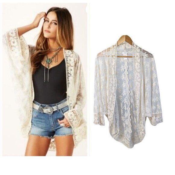 Revolve NIGHTCAP by Carissa Rene Ivory Lace Kimono Cardigan Size 1/XS - Picture 1 of 8